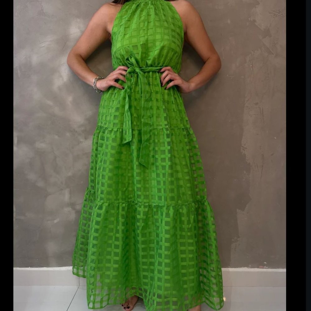 Green Tiered Halter Maxi Dress for Weddings